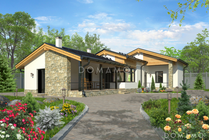 Проект одноэтажного дома с крытой террасой с барбекю, кладовой, хозблоком, гостиной с камином, парной и комнатой отдыха