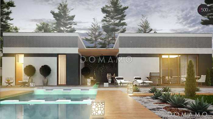 Проект современного одноэтажного дома из газобетона с тремя спальнями, гаражом и внутренним двориком переходящим в открытую террасу