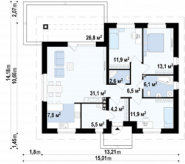 Проект одноэтажного дома из газобетона с тремя спальнями и небольшой крытой угловой террасой, увеличенная версия 273 / План 1 этажа