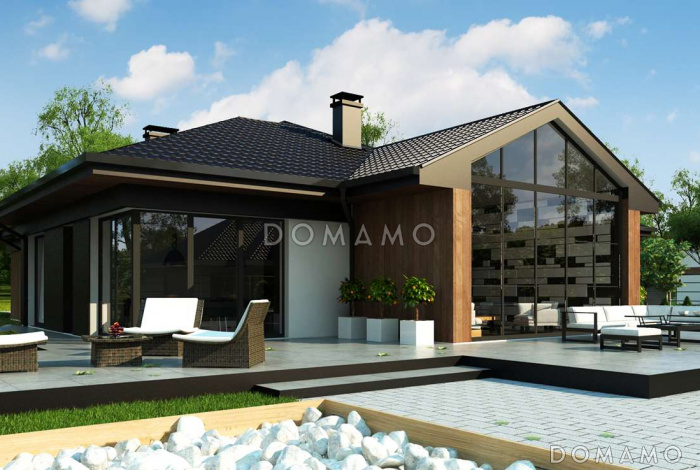 Проект комфортного одноэтажного дома из кирпича с отделённой зоной сна, гостевой комнатой и гаражом