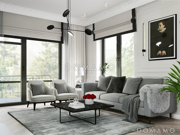 Проект дома из кирпича с гаражом, эркером в кухне, террасой