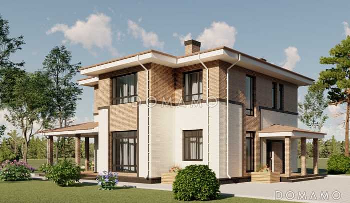 Проект двухэтажного дома из кирпича с двумя каминами на большой террасе и в гостиной