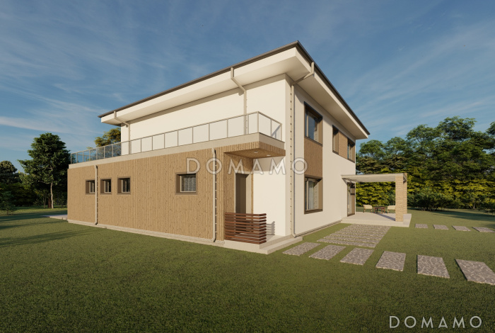 Проект двухэтажного дома с крытой террасой на первом и открытой террасой на втором этажах