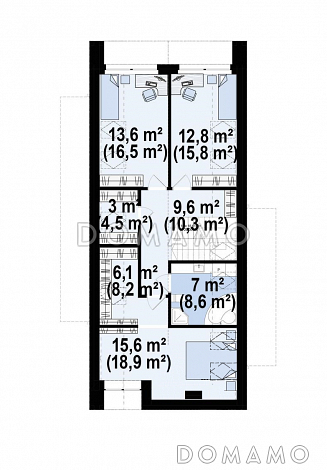 Проект загородного дома в современном стиле с комнатой и гардеробом на первом этаже, тремя спальнями на мансарде, просторной обеденной зоной / План мансардного этажа