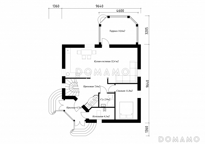 Проект необычного дома с крыльцом на углу / План 1 этажа