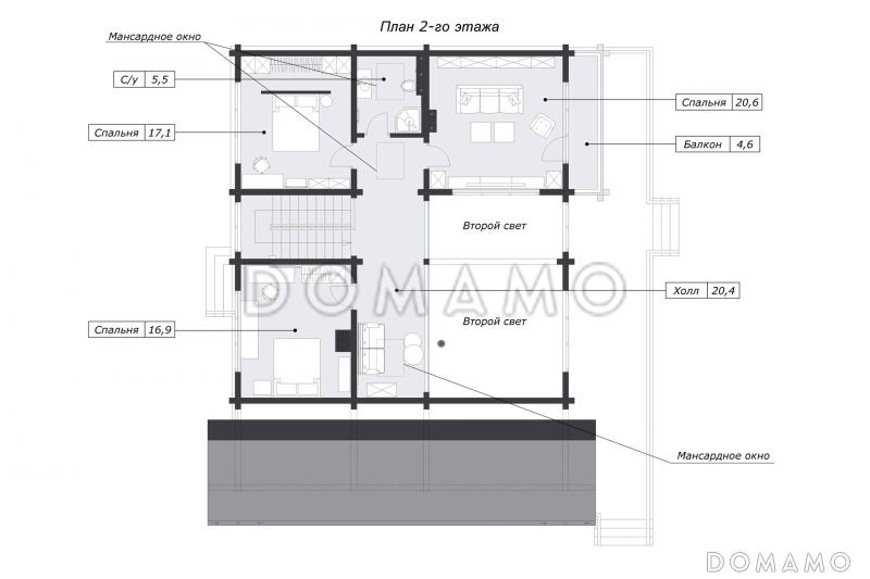 Проект дома из бруса с 4 спальнями, вторым светом и длинной террасой / План мансардного этажа