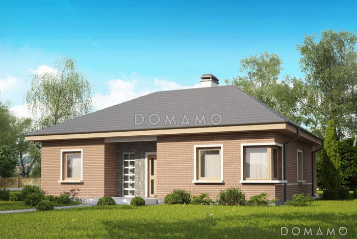 Проект одноэтажного дома из газобетона с кирпичными фасадами с тремя спальнями, светлой гостиной и угловым окном в кухне