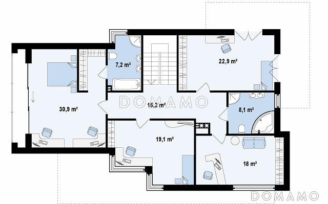 Проект современного двухэтажного дома из кирпича в стиле модерн с пятью спальнями, с гаражом, угловой террасой и балконом над ней / План 2 этажа