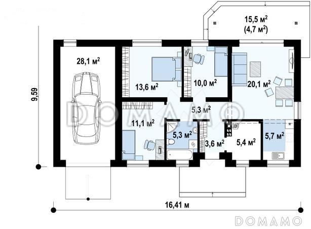 Проект одноэтажного дома простой формы с двухскатной крышей, гаражом, ванной с окном / План 1 этажа