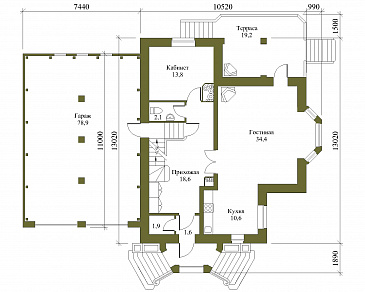 Проект трёхэтажного коттеджа с гаражом, подвалом и бассейном / План 1 этажа