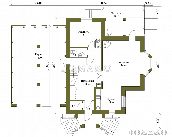 Проект трёхэтажного коттеджа с гаражом, подвалом и бассейном / План 1 этажа