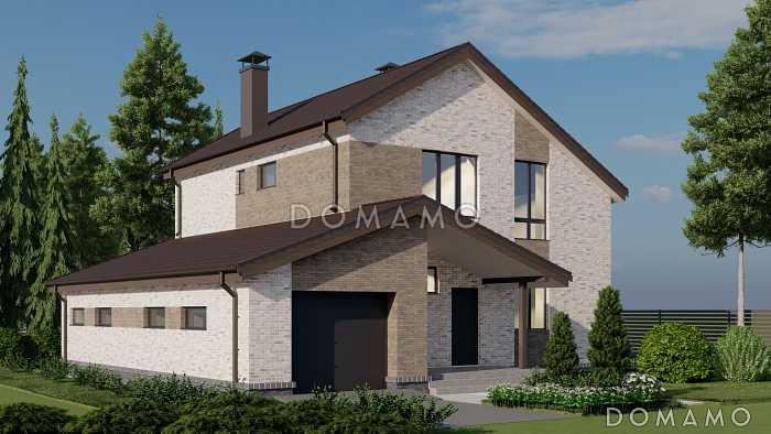 Проект двухэтажного каркасного дома с гаражом на два машиноместа, тремя спальнями и кабинетом на втором этаже