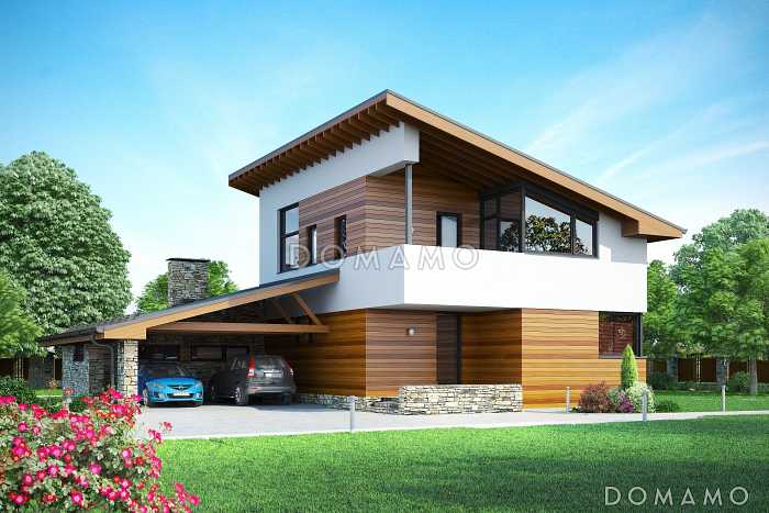 Проект дома по технологии ЛСТК с навесом на две машины, крытой террасой, спальней на первом этаже, балконом