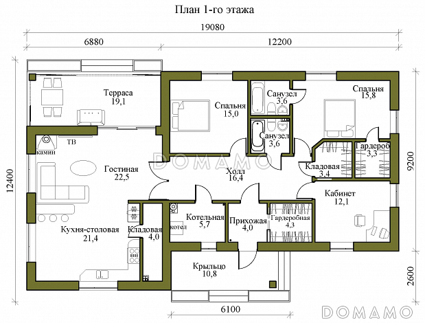 Проект одноэтажного газобетонного дома с двумя спальнями, гардеробными, кладовой на кухне и крытой террасой / План 1 этажа