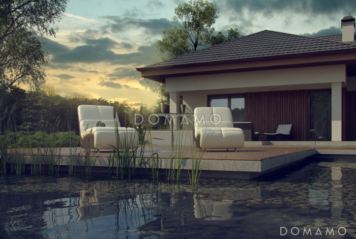 Проект одноэтажного дома из кирпича с большой гостиной, тремя спальнями и гаражом на два автомобиля