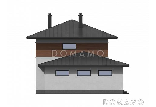 Проект загородного дома с гаражом, объединенной кухней и гостиной,  ванной с окном на втором этаже / Фасад 2