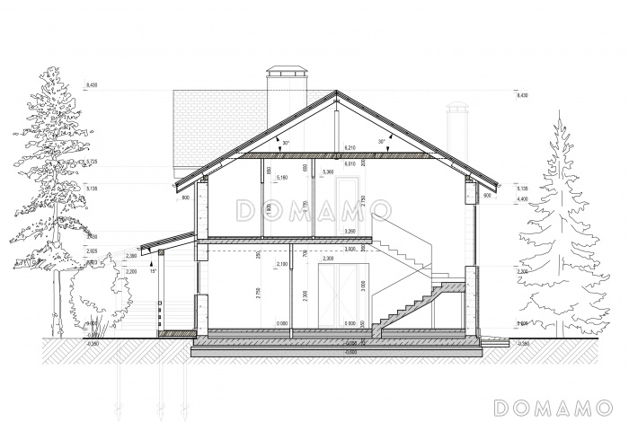Проект дома с террасами, совмещенной кухней-гостиной, сауной, мастер-спальней на мансардном этаже