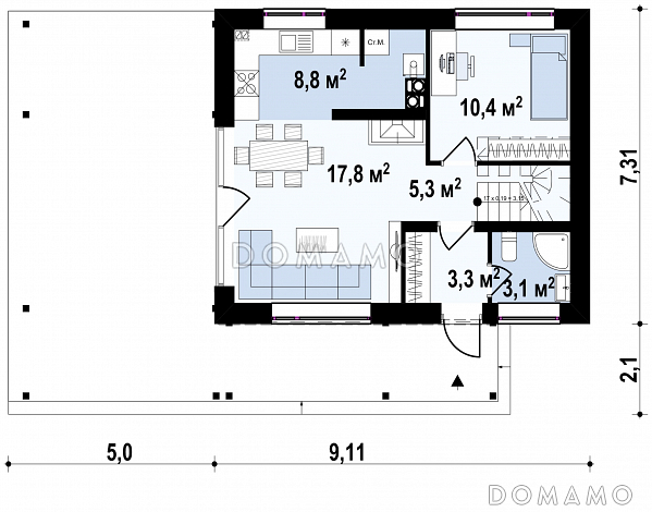 Проект компактного одноэтажного мансардного дома из газобетона с дополнительной спальней на первом этаже и большой крытой террасой / План 1 этажа
