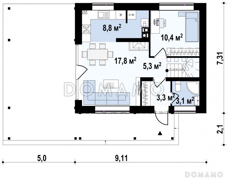 Проект компактного одноэтажного мансардного дома из газобетона с дополнительной спальней на первом этаже и большой крытой террасой / План 1 этажа