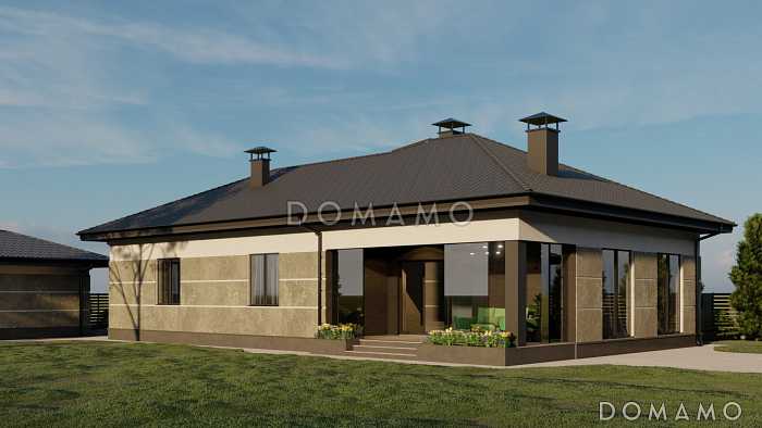 Проект одноэтажного каркасного дома с двумя спальнями, гардеробными, кладовой на кухне и крытой террасой