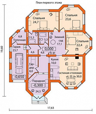 Проект одноэтажного дома из SIP панелей с гаражом чуть больше 200 кв. м / План 1 этажа