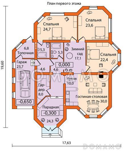 Проект одноэтажного дома из SIP панелей с гаражом чуть больше 200 кв. м / План 1 этажа