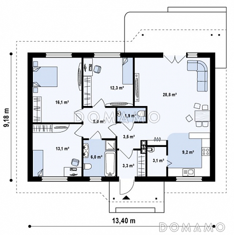 Проект одноэтажного дома из газобетона с тремя спальнями и крытой террасой / План 1 этажа