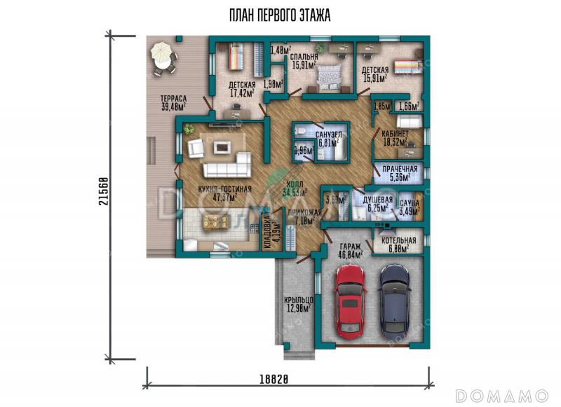 Проект одноэтажного дома с большой террасой и гаражом / План 1 этажа