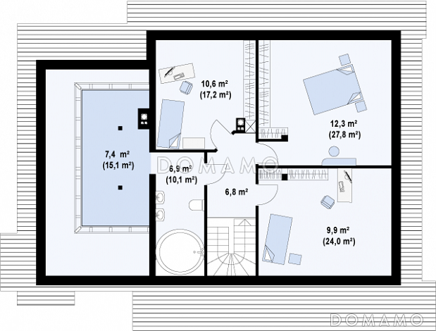 Проект просторного одноэтажного мансардного дома из газобетона с кабинетом, гаражом и комнатой над ним / План мансардного этажа