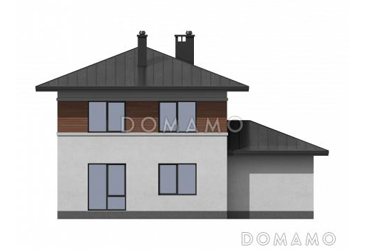 Проект загородного дома с гаражом, объединенной кухней и гостиной,  ванной с окном на втором этаже / Фасад 3
