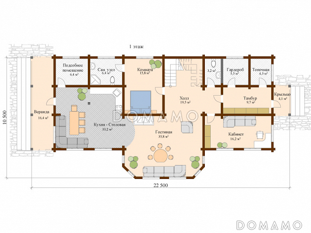 Проект двухэтажного дома из клееного бруса с общим балконам на две спальни / План 1 этажа