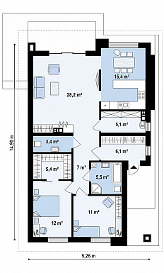Проект стильного одноэтажного дома из кирпича для небольшой семьи / План 1 этажа