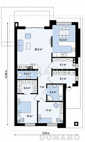 Проект стильного одноэтажного дома из кирпича для небольшой семьи / План 1 этажа