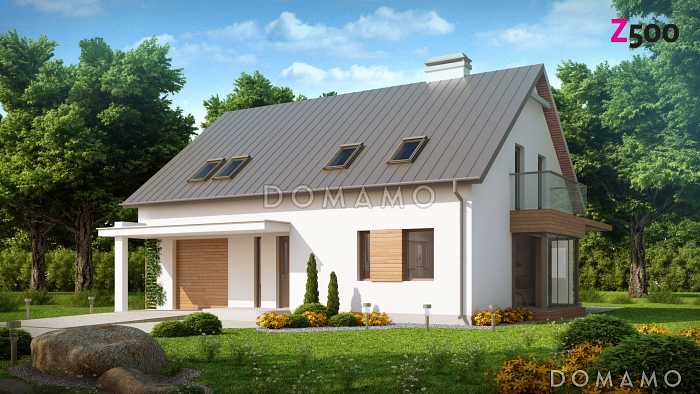 Проект одноэтажного мансардного дома из кирпича со стеклянным эркером в кухонной зоне и гаражом