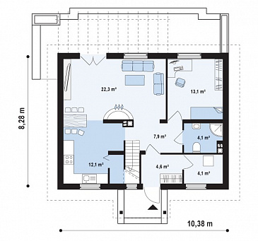 Проект одноэтажного мансардного дома из кирпича с камином в центральной части дома / План 1 этажа