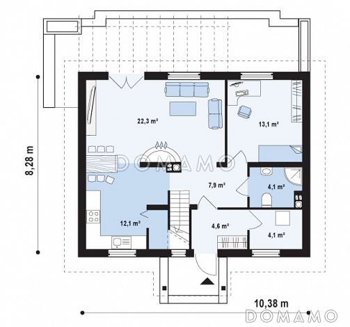 Проект одноэтажного мансардного дома из кирпича с камином в центральной части дома / План 1 этажа