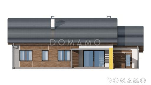 Проект одноэтажного дома из кирпича с большой гостиной, тремя спальнями и гаражом / Фасад 3