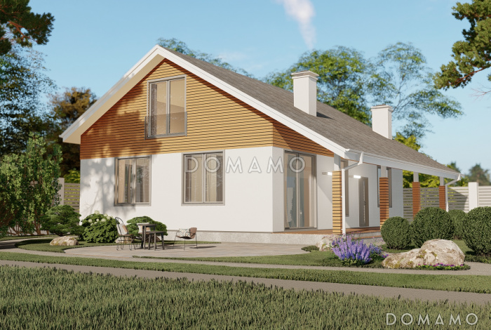 Проект одноэтажного дома с мансардой и просторной крытой террасой