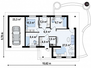 Проект небольшого одноэтажного дома из кирпича с тремя спальнями, красивой угловой террасой и гаражом / План 1 этажа