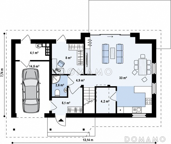 Проект увеличенного одноэтажного мансардного дома из газобетона с гаражом и большим фронтонным окном / План 1 этажа