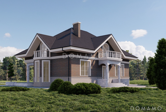 Проект двухэтажного каркасного дома с тремя балконами, округлыми террасой и крыльцом