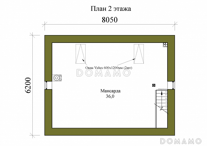 Проект одноэтажной бани с террасой и мансардой / План мансардного этажа