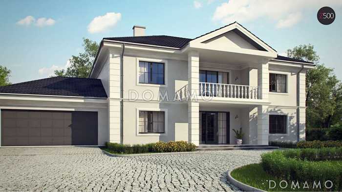 Проект большого двухэтажного дома из газобетона с четырьмя спальнями, гаражом, сауной и просторной дневной зоной