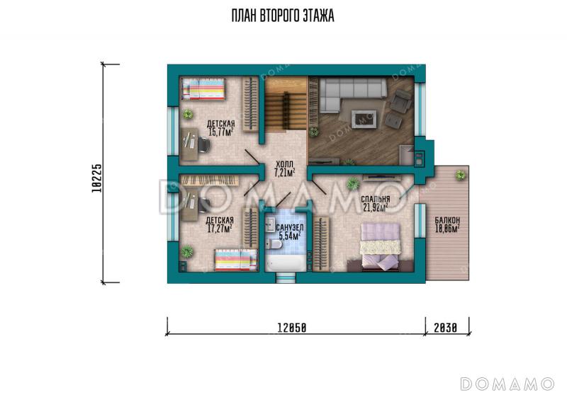Проект дома с панорамными окнами, вторым светом и четырьмя спальнями / План мансардного этажа