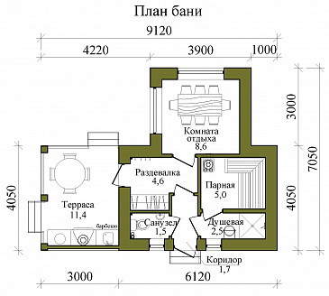 План кирпичной бани с барбекю в средневековом английском стиле / План 1 этажа