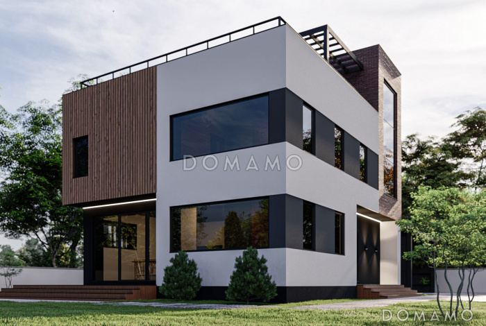 Проект двухэтажного дома в стиле хай-тек с террасой, 3 спальнями и личными гардеробными