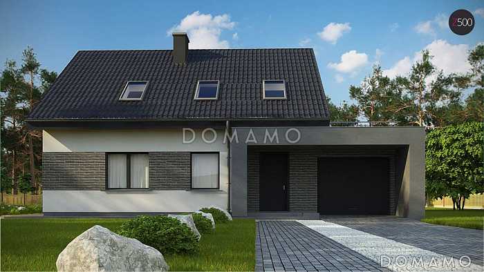 Проект одноэтажного мансардного дома из кирпича в современном стиле, с гаражом и террасой над ним