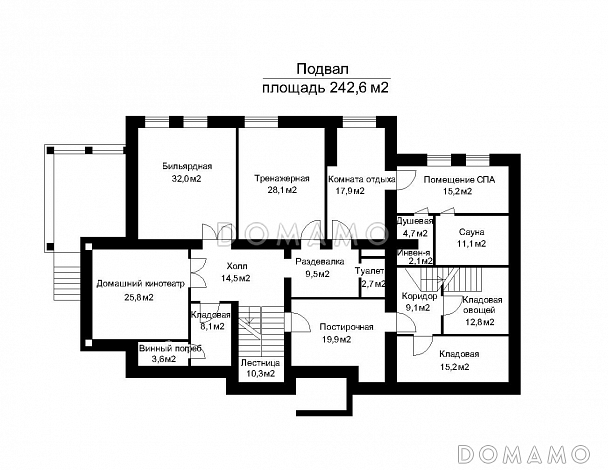 Проект двухэтажного дома с колоннами / План цокольного этажа