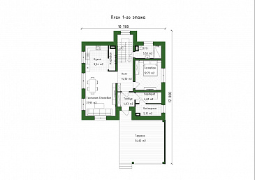 Проект двухэтажного дома с 3 спальнями, гостевой, большой ванной и террасой / План 1 этажа