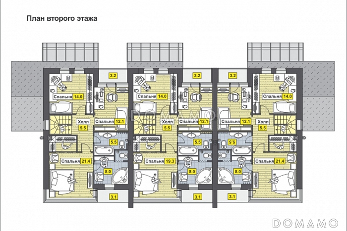 Проект дома с крытой террасой, большой кухней-столовой, просторной гостиной с камином, постирочной, балконом / План мансардного этажа